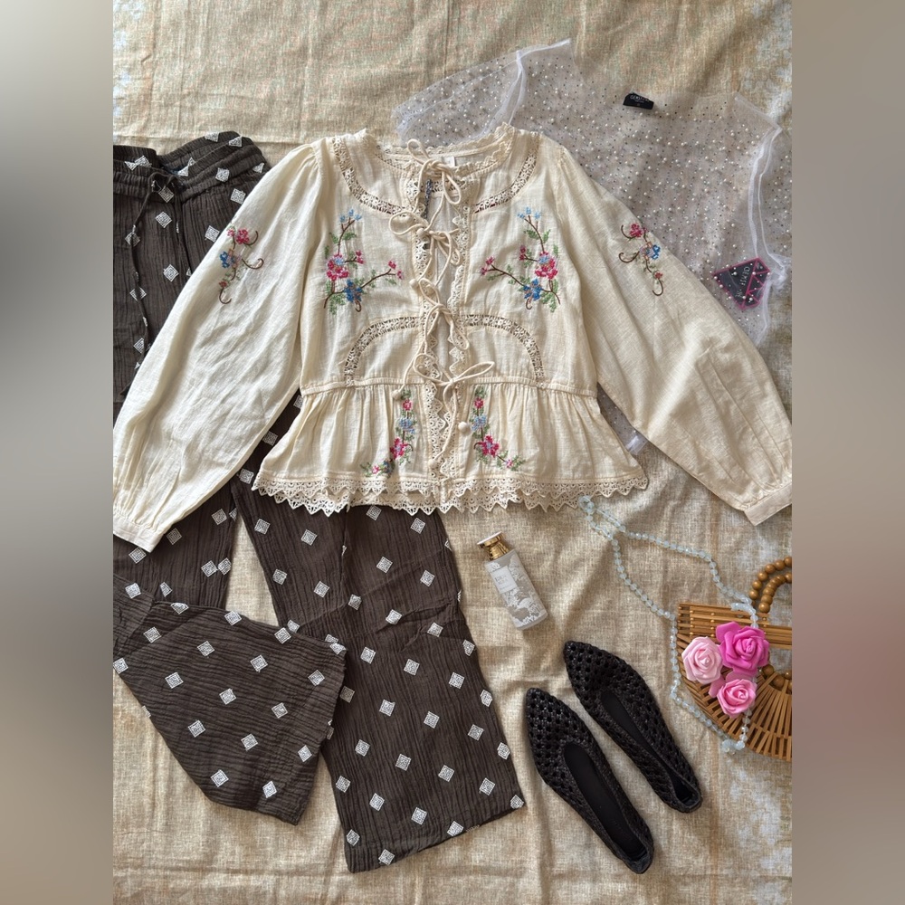 Ivory Nude Embroidered Peasant Blouse with Lace Ties - Picture 9 of 12